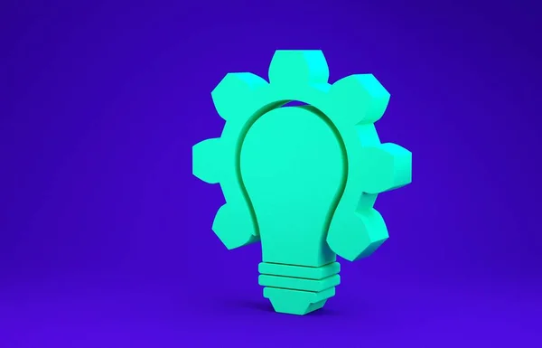 Lâmpada de luz verde e ícone de engrenagem isolado no fundo azul. Conceito de inovação. Ideia de negócio. Conceito de minimalismo. 3D ilustração 3D render — Fotografia de Stock