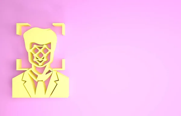 Icono de reconocimiento facial amarillo aislado sobre fondo rosa. Icono del escáner de identificación facial. Identificación facial. Concepto de seguridad cibernética. Concepto minimalista. 3D ilustración 3D render — Foto de Stock