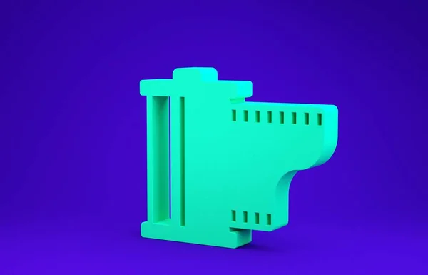 Ícone de cartucho de rolo de filme vintage câmera verde isolado no fundo azul. Carretel de filme. Caixote de filme de 35mm. Filmstrip equipamento de fotógrafo. Conceito de minimalismo. 3D ilustração 3D render — Fotografia de Stock