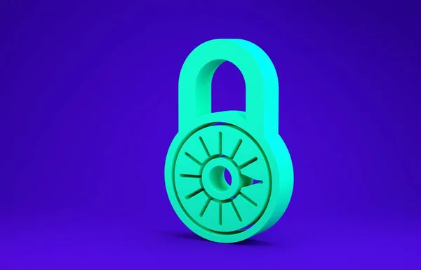 Grön säker kombination lås hjul ikon isolerad på blå bakgrund. Kombinationshänglås. Säkerhet, skydd, lösenord, sekretess. Minimalistiskt koncept. 3D-illustration 3D-återgivning — Stockfoto