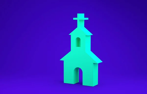 Green Church κτίριο εικόνα απομονώνονται σε μπλε φόντο. Χριστιανική Εκκλησία. Θρησκεία της εκκλησίας. Μινιμαλιστική έννοια. 3d απεικόνιση 3D καθιστούν — Φωτογραφία Αρχείου