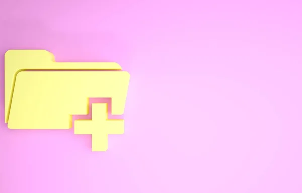 Κίτρινη Προσθήκη νέου εικονιδίου φακέλου που απομονώνεται σε ροζ φόντο. Νέο σημάδι αρχείου φακέλου. Αντιγραφή εικονιδίου εγγράφου. Προσθήκη επισυνάψετε φάκελο δημιουργούν νέο εικονίδιο συν. Μινιμαλιστική έννοια. 3D απεικόνιση 3d καθιστούν — Φωτογραφία Αρχείου