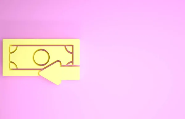 Ikon punggung Yellow Cash terisolasi pada latar belakang merah muda. Jasa keuangan, pengembalian uang, pengembalian investasi, rekening tabungan, pertukaran mata uang. Konsep minimalisme. Tampilan 3D ilustrasi 3d — Stok Foto
