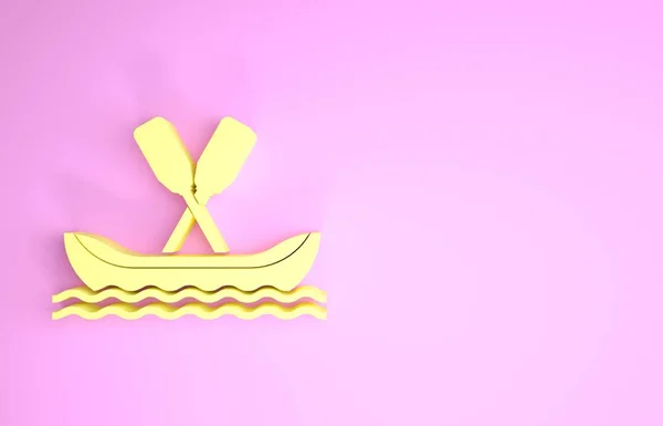 Желтый значок лодки на розовом фоне. Каяк с веслами. Водные виды спорта, экстремальные виды спорта, отдых, командный строй. Концепция минимализма. 3D-рендеринг — стоковое фото