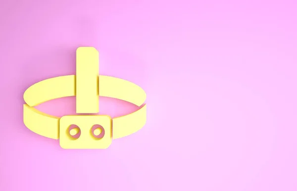 ピンクの背景に黄色のヘッド懐中電灯アイコンを隔離。観光ヘッド懐中電灯。キャンプヘッドライト。最小限の概念。3Dイラスト3Dレンダリング — ストック写真