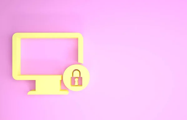 Verrouillage jaune sur écran d'ordinateur icône isolée sur fond rose. Moniteur et cadenas. Sécurité, sûreté, concept de protection. Interréseau sécurisé. Concept de minimalisme. Illustration 3D rendu 3D — Photo