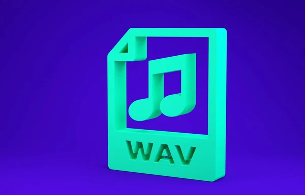 Green WAV file document. Download wav button icon isolated on blue background. WAV waveform audio file format for digital audio riff files. Minimalism concept. 3d illustration 3D render — Stock Photo, Image