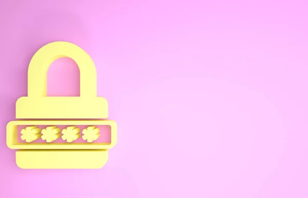 Ikon akses keamanan dan proteksi sandi kuning diisolasi dengan latar belakang merah muda. Kunci ikon. Keamanan, keamanan, perlindungan, konsep privasi. Konsep minimalisme. Tampilan 3D ilustrasi 3d — Stok Foto