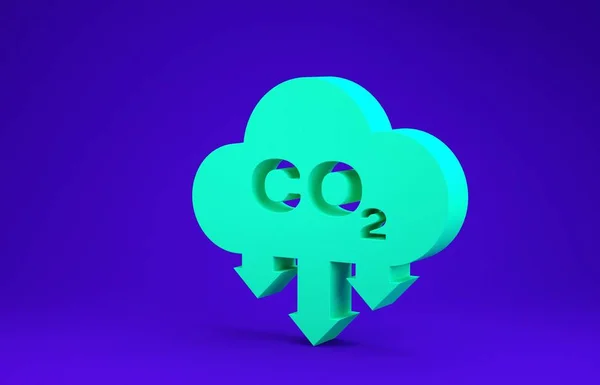 Groene CO2-emissies in wolkenpictogram geïsoleerd op blauwe achtergrond. EG-richtlijn, luchtverontreiniging, milieubeleid, milieubescherming. Minimalisme concept. 3d illustratie 3d renderen — Stockfoto