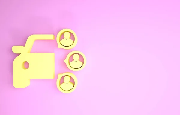 Gul bil dela med grupp människor ikon isolerad på rosa bakgrund. Samlingsskylt. Transport hyra service koncept. Minimalistiskt koncept. 3D-illustration 3D-återgivning — Stockfoto