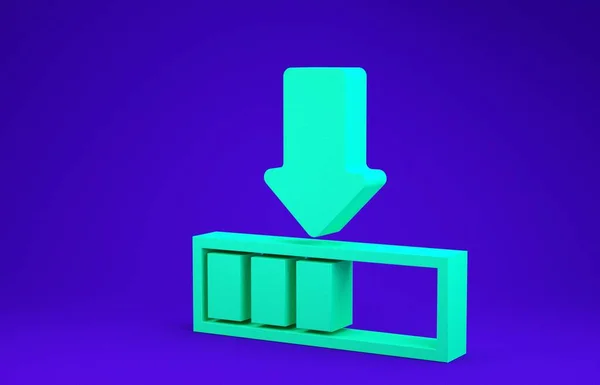 Grön Loading ikon isolerad på blå bakgrund. Nedladdning pågår. Framstegsikonen. Minimalistiskt koncept. 3D-illustration 3D-återgivning — Stockfoto