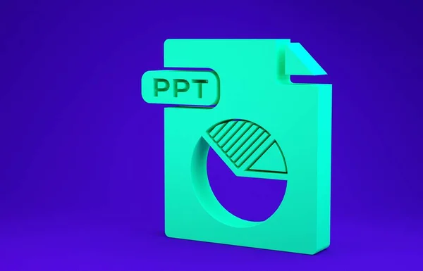 Green PPT file document. Download ppt button icon isolated on blue background. PPT file presentation. Minimalism concept. 3d illustration 3D render