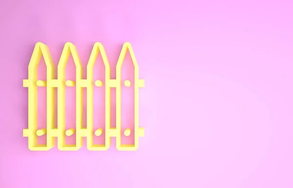 Gele tuin hek houten pictogram geïsoleerd op roze achtergrond. Minimalisme concept. 3d illustratie 3D renderen — Stockfoto