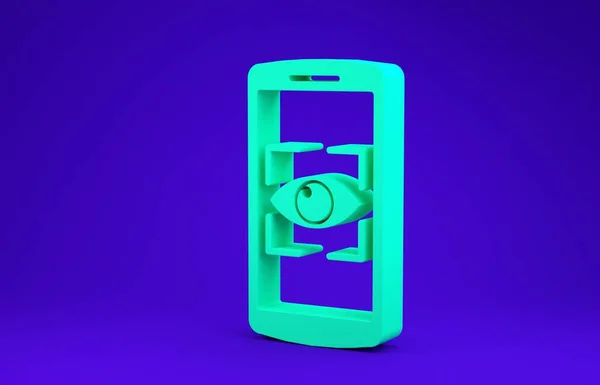 Cellulare verde e icona di scansione degli occhi isolato su sfondo blu. Occhio di scansione. Controllo di sicurezza. Segno oculare informatico. Concetto minimalista. Illustrazione 3d rendering 3D — Foto Stock