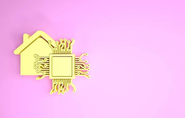 Ikon rumah cerdas kuning terisolasi pada latar belakang merah muda. Remote control. Konsep minimalisme. Tampilan 3D ilustrasi 3d — Stok Foto