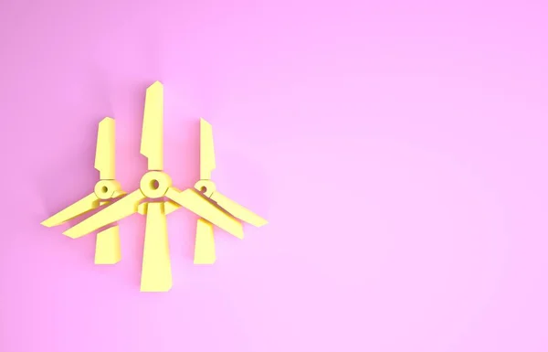 Ícone de turbinas eólicas amarelas isolado no fundo rosa. Sinal do gerador de vento. Silhueta de moinho de vento. Moinhos de vento para produção de energia elétrica. Conceito de minimalismo. 3D ilustração 3D render — Fotografia de Stock