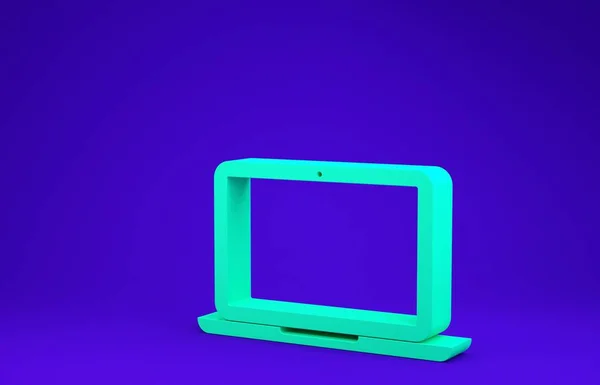 Icono verde portátil aislado sobre fondo azul. Computadora portátil con pantalla vacía. Concepto minimalista. 3D ilustración 3D render — Foto de Stock
