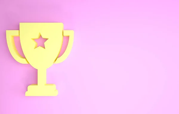 Ícone amarelo da taça do troféu isolado no fundo rosa. Símbolo do prémio. Ícone da taça do campeão. Conceito de minimalismo. 3D ilustração 3D render — Fotografia de Stock