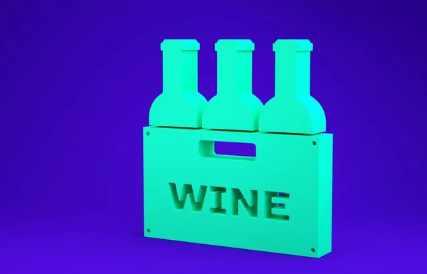 Zelené láhve vína v dřevěné krabici ikony izolované na modrém pozadí. Lahvičky od vína v dřevěné bedně. Minimalismus. 3D ilustrace 3D vykreslení — Stock fotografie