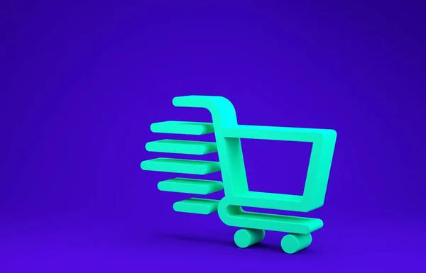 Zöld bevásárlókocsi ikon elszigetelt kék háttérrel. Online vásárlási koncepció. Kézbesítőtábla. Szupermarket kosár szimbólum. Minimalizmus koncepció. 3d illusztráció 3d render — Stock Fotó