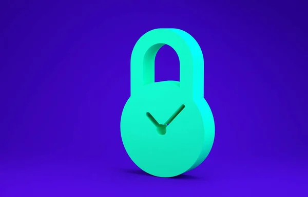 绿色挂锁，时钟图标隔离在蓝色背景上。 时间控制的概念。 锁定和倒计时，最后期限，时间表，规划符号。 最低纲领的概念。 3d说明3d — 图库照片