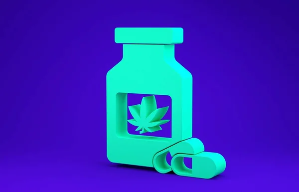 Mavi arka planda marihuana ya da kenevir yaprağı ikonu bulunan yeşil tıbbi şişe. Kavanozlardaki kenevir yağı özlerini taklit et. Minimalizm kavramı. 3d illüstrasyon 3d canlandırma — Stok fotoğraf