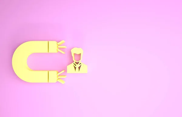 Желтый значок клиента на розовом фоне. Сохранение, поддержка и обслуживание клиентов. Клиент, притягивающий магнит. Концепция минимализма. 3D-рендеринг — стоковое фото