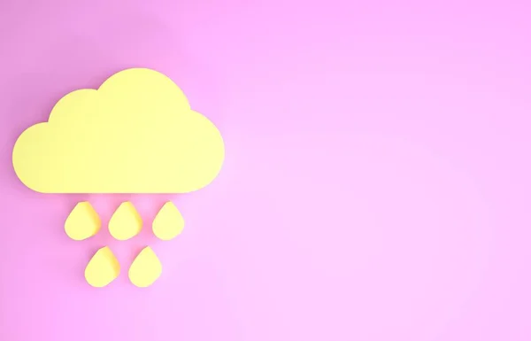 Nuvem amarela com ícone de chuva isolado no fundo rosa. Precipitação de nuvens de chuva com gotas de chuva. Conceito de minimalismo. 3D ilustração 3D render — Fotografia de Stock