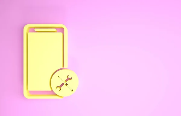 Smartphone amarelo com chave de fenda e ícone de chave de fenda isolado no fundo rosa. Ajuste, serviço, configuração, manutenção, reparação, fixação. Conceito de minimalismo. 3D ilustração 3D render — Fotografia de Stock