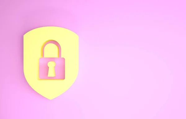 Gelbe Schildsicherung mit Schloss-Symbol isoliert auf rosa Hintergrund. Schutz, Sicherheit, Passwortsicherheit. Firewall Zugriff auf Privatsphäre Zeichen. Minimalismus-Konzept. 3D Illustration 3D Renderer — Stockfoto