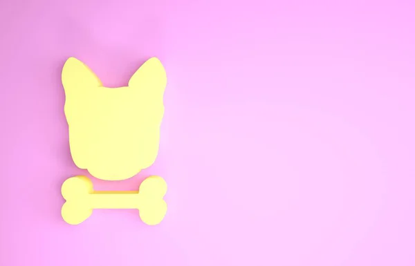 Żółty Pies i ikona kości izolowane na różowym tle. Symbol karmy dla zwierząt. Koncepcja minimalizmu. Ilustracja 3d — Zdjęcie stockowe