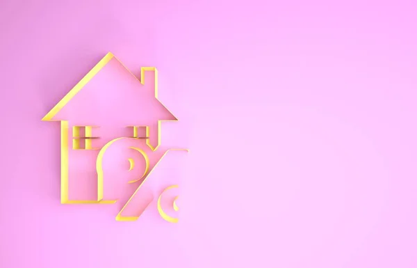 노란색 집에 싸구려 태그 아이콘 이 핑크 색 배경에 분리되어 있어. 주택 비율 표시 가격. 부동산 주택이요. 신용 퍼센트 기호. 최소성 개념. 3D 일러스트 3D 렌더링 — 스톡 사진