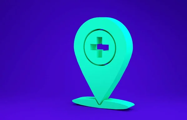 녹색 의료 지도 포인터와 교차 병원 아이콘 이 파란색 배경에 분리되어 있습니다. 최소성 개념. 3D 일러스트 3D 렌더링 — 스톡 사진