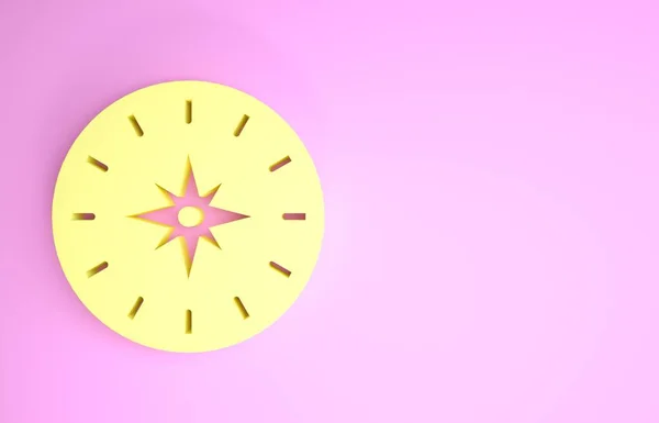 Sárga iránytű ikon elszigetelt rózsaszín háttérrel. Windrose navigációs szimbólum. Szélrózsa jel. Minimalizmus koncepció. 3d illusztráció 3D render — Stock Fotó