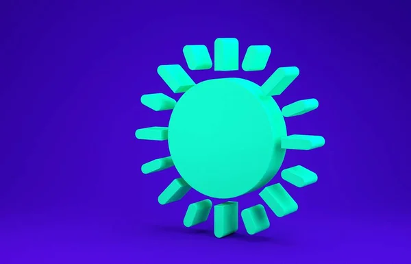 青い背景に緑色の太陽のアイコンが孤立しています。最小限の概念。3Dイラスト3Dレンダリング — ストック写真