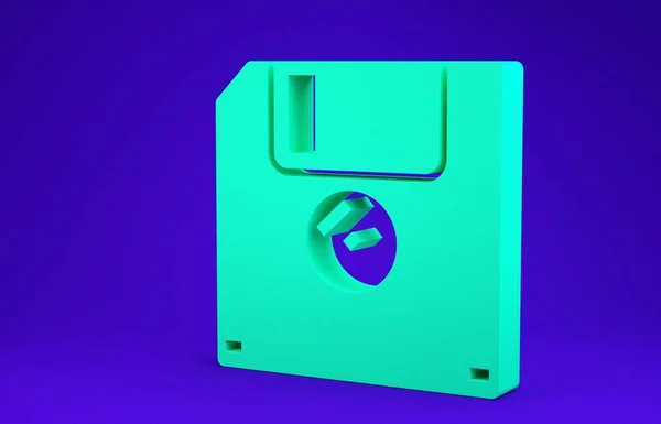 青の背景に隔離されたコンピュータデータストレージアイコンのための緑のフロッピーディスク。ディケットサイン最小限の概念。3Dイラスト3Dレンダリング — ストック写真