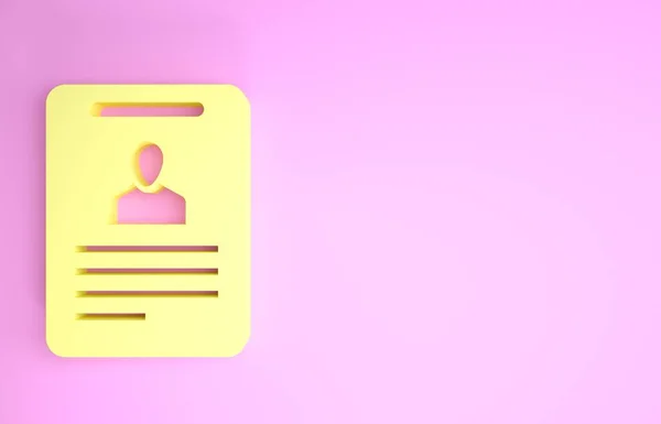 Ícone de crachá de identificação amarela isolado no fundo rosa. Pode ser usado para apresentação, identidade da empresa, publicidade. Conceito de minimalismo. 3D ilustração 3D render — Fotografia de Stock