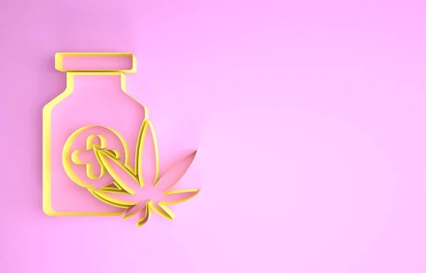 Gelbe medizinische Flasche mit Marihuana oder Cannabisblatt-Symbol auf rosa Hintergrund. Attrappe von Cannabisöl-Extrakten in Gläsern. Minimalismus-Konzept. 3D Illustration 3D Renderer — Stockfoto