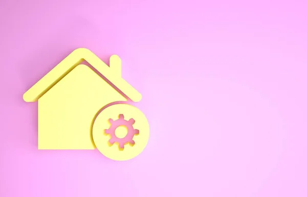 Иконка "Умный дом" желтого цвета выделена на розовом фоне. Дистанционное управление. Концепция минимализма. 3D-рендеринг — стоковое фото
