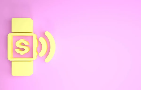 Żółta Bezdotykowa ikona płatności na różowym tle. Smartwatch z technologią nfc umożliwiającą bezprzewodowe transakcje bezdotykowe. Koncepcja minimalizmu. Ilustracja 3d — Zdjęcie stockowe