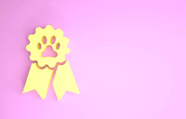 Yellow Pet award symbol icon isolated on pink background. Badge with dog or cat paw print and ribbons. Medal for animal. Minimalism concept. 3d illustration 3D render — ストック写真