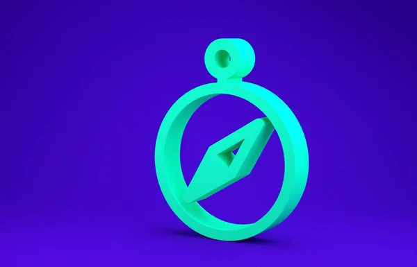 Icono de brújula verde aislado sobre fondo azul. Windrose símbolo de navegación. Signo de rosa de viento. Concepto minimalista. 3D ilustración 3D render — Foto de Stock