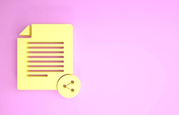 Jaune Partager l'icône du fichier isolé sur fond rose. Partage de fichiers. Signe de transfert de fichiers. Concept de minimalisme. Illustration 3D rendu 3D — Photo