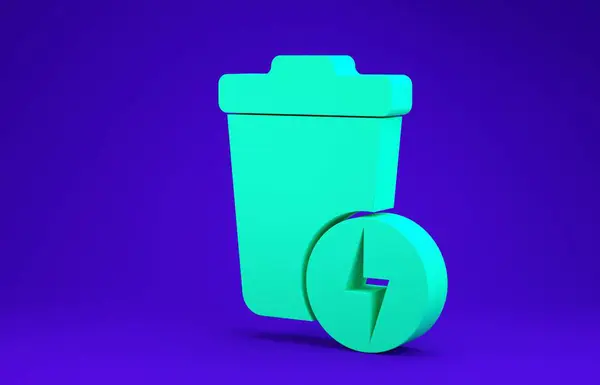 Green Lightning s ikonou popelnice izolované na modrém pozadí. Plýtvání energií. Popelnice. Značka Koš na recyklaci. Minimalismus. 3D ilustrace 3D vykreslení — Stock fotografie