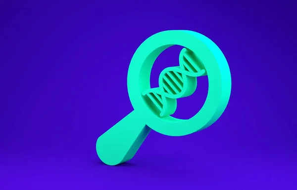 Recherche ADN vert, icône de recherche isolée sur fond bleu. Magnifier le verre et la chaîne ADN. Génie génétique, clonage, tests de paternité. Concept de minimalisme. Illustration 3D rendu 3D — Photo