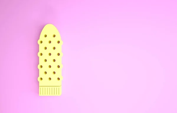 Dildo vibratore giallo per i giochi di sesso icona isolata su sfondo rosa. Giocattolo del sesso per adulti. Macchine per esercizi vaginali per intimo. Concetto minimalista. Illustrazione 3d rendering 3D — Foto Stock