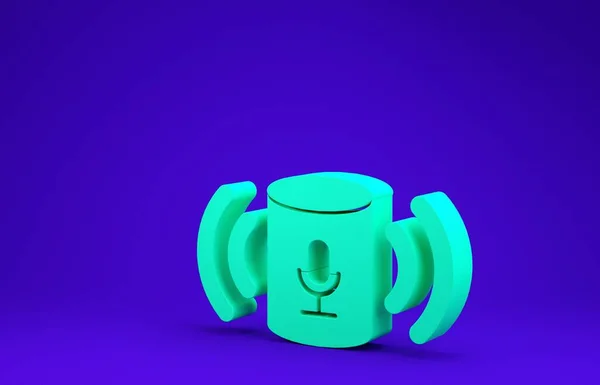 Icono de asistente de voz verde aislado sobre fondo azul. Interfaz de usuario de control de voz altavoz inteligente. Concepto minimalista. 3D ilustración 3D render — Foto de Stock