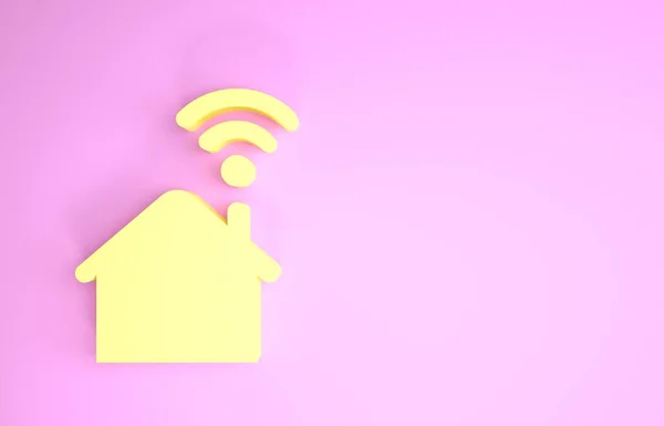 Casa inteligente amarilla con icono wi-fi aislado sobre fondo rosa. Control remoto. Concepto minimalista. 3D ilustración 3D render — Foto de Stock