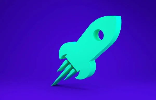 Green Rocket ship with fire icon isolated on blue background. Space travel. Minimalism concept. 3d illustration 3D render
