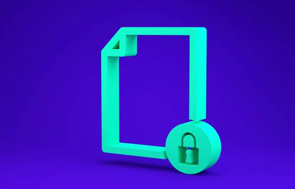 Zielony dokument i ikona blokady na niebieskim tle. Format pliku i kłódka. Ochrona, bezpieczeństwo, koncepcja ochrony. Koncepcja minimalizmu. Ilustracja 3D 3D renderowania — Zdjęcie stockowe
